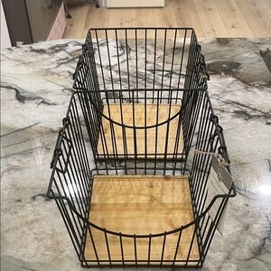 Huntington Home Large Black Wire Storage Baskets with Wooden Base Set of 2
